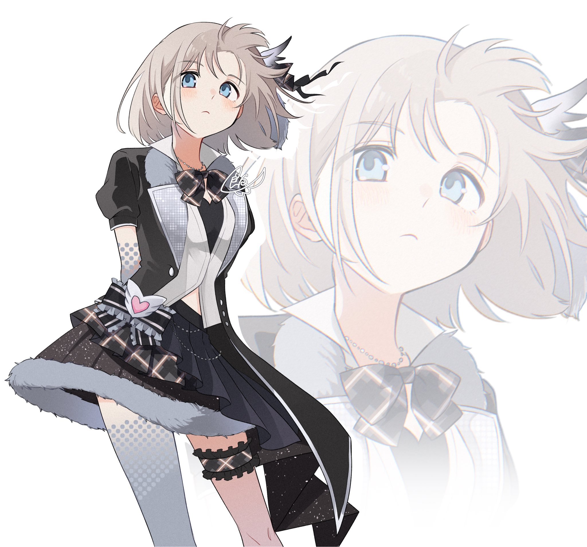 messiah go, serizawa asahi, idolmaster, idolmaster shiny colors, commentary, highres, 1girl, arms behind back, black bow, black bowtie, black jacket, black ribbon, black skirt, blue eyes, blush, bow, bowtie, breasts, chain, chain necklace, closed mouth, expressionless, frilled ribbon, frills, fur-trimmed skirt, fur trim, grey hair, grey thighhighs, hair ribbon, idol clothes, jacket, jewelry, looking ahead, necklace, overcast monochrome (idolmaster), plaid bow, plaid bowtie, plaid clothes, puffy short sleeves, puffy sleeves, ribbon, short hair, short sleeves, signature, single thighhigh, skirt, small breasts, thigh strap, thighhighs, white background, zoom layer