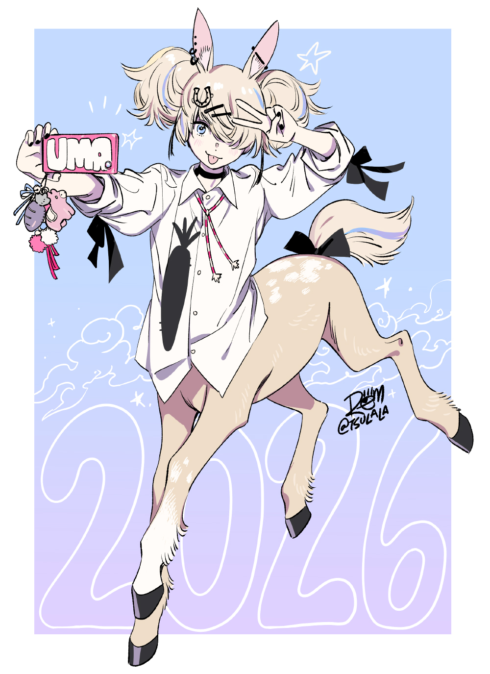 rem (tsulala), original, commentary, highres, symbol-only commentary, 1girl, 2026, :p, animal ear piercing, animal ears, barbell piercing, black choker, black nails, blonde hair, blue eyes, cellphone, centaur, chinese zodiac, choker, ear piercing, full body, hair ornament, hair over one eye, hairclip, holding, holding phone, hooves, horse ears, horseshoe hat ornament, horseshoe ornament, industrial piercing, long sleeves, looking at viewer, monster girl, nail polish, phone, piercing, shirt, simple background, smartphone, smile, solo, taur, tongue, tongue out, twintails, v, v over eye, white shirt, wing collar, year of the horse