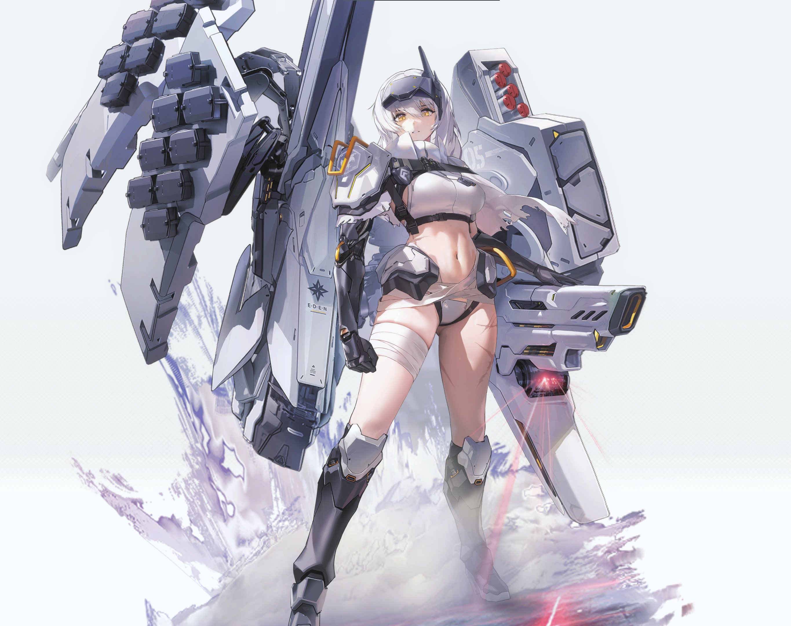 ludaf, snow white (heavy arms) (nikke), snow white (nikke), goddess of victory: nikke, highres, official art, armor, full body, laser, looking at viewer, midriff, panties, standing, thighs, underwear, visor lift, white background, white hair, yellow eyes