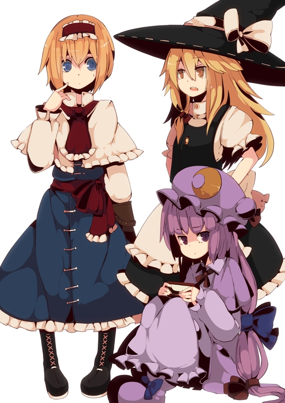 fuurin (omaemona), alice margatroid, kirisame marisa, patchouli knowledge, touhou, bad id, bad pixiv id, 3girls, blonde hair, blue eyes, boots, crescent, crescent moon, dress, female focus, hair ribbon, hairband, hat, moon, multiple girls, purple eyes, purple hair, ribbon, witch, witch hat, yellow eyes