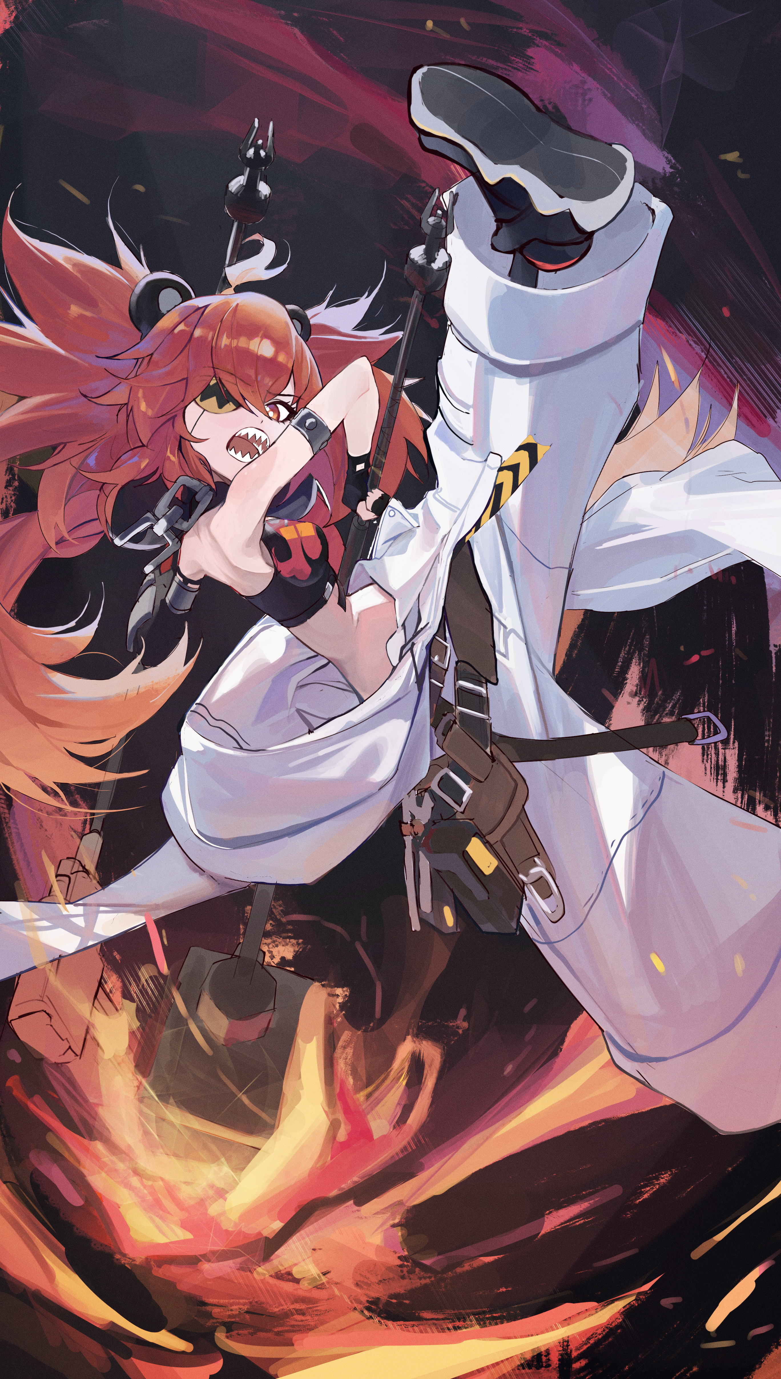 ninney5, koleda belobog, zenless zone zero, absurdres, highres, 1girl, ahoge, animal ears, bare shoulders, bear ears, black gloves, breasts, crop top, eyepatch, fake animal ears, fingerless gloves, gloves, hair between eyes, hair ornament, holding, long hair, looking at viewer, midriff, navel, pants, red eyes, red hair, solo, sphere hair ornament, twintails, twisted torso