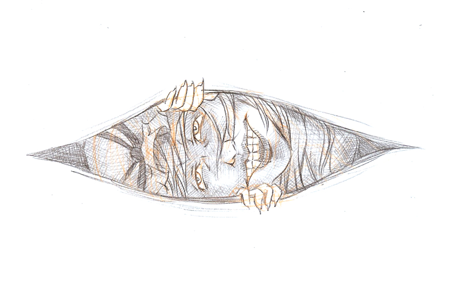 nekoguruma, yakumo yukari, touhou, traditional media, 1girl, bow, creepy, female focus, gap (touhou), grin, hat, horror (theme), smile, solo, white background