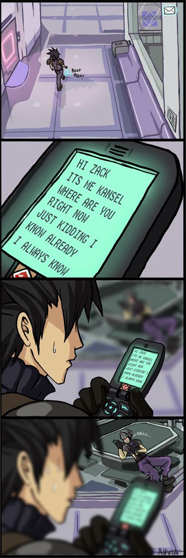 kunsel, zack fair, crisis core: final fantasy vii, final fantasy, final fantasy vii, square enix, long image, tall image, 1990s (style), 2boys, 4koma, cellphone, comic, english text, multiple boys, phone, retro artstyle