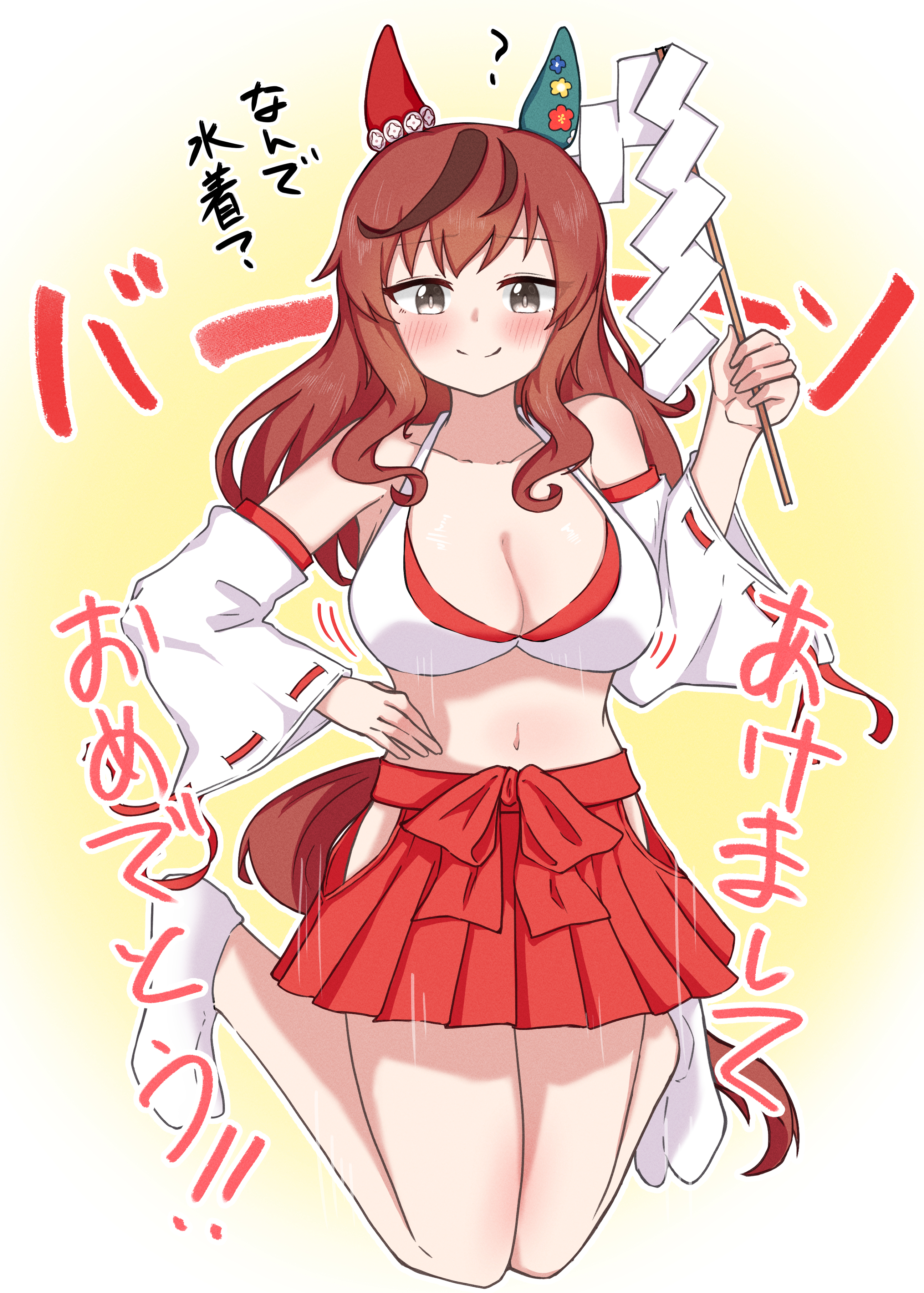 nabe tanuki, nice nature (umamusume), umamusume, absurdres, commentary request, highres, 1girl, alternate costume, animal ears, blush, breasts, brown hair, cleavage, closed mouth, collarbone, hair between eyes, hair ornament, holding, horse ears, horse girl, horse tail, jumping, long hair, looking at viewer, medium breasts, navel, ofuda, smile, solo, tail, thighs