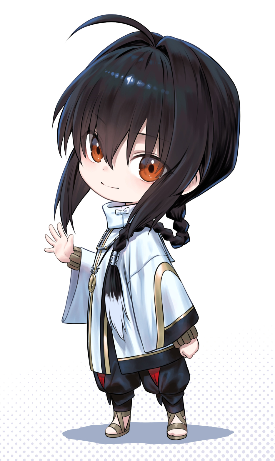 mugetsu2501, yamato takeru (fate), fate/samurai remnant, fate (series), highres, 1other, ahoge, amulet, androgynous, black hair, black pants, bracelet, braid, chibi, full body, hair intakes, hair over shoulder, jewelry, long braid, multicolored pants, necklace, orange eyes, pants, red pants, sidelocks, single braid, solo, white hair