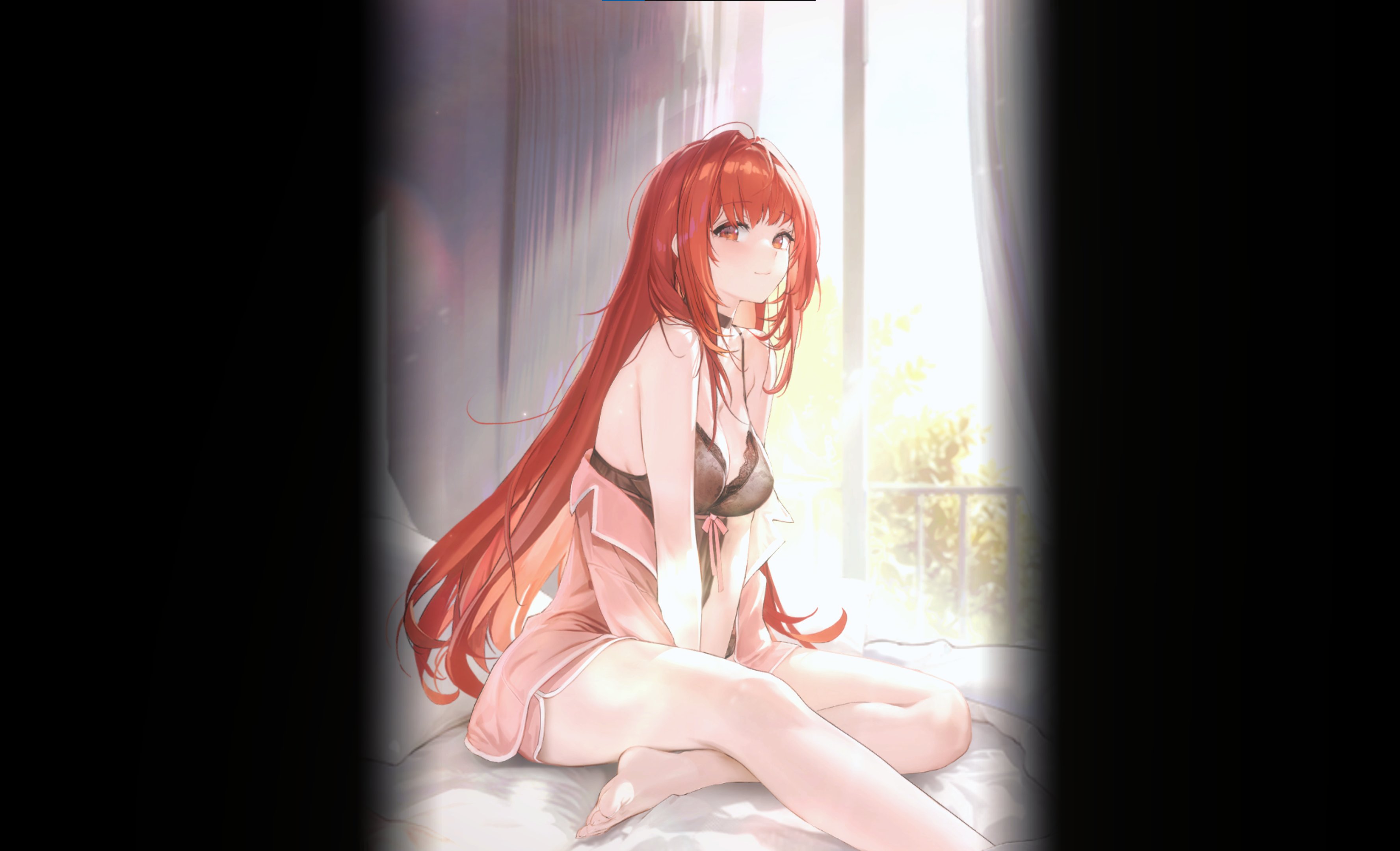 ludaf, rapi (nikke), rapi (red hood) (cherished red) (nikke), rapi (red hood) (nikke), goddess of victory: nikke, absurdres, highres, official art, 1girl, black nightgown, blush, breasts, cleavage, dolphin shorts, game screenshot, lace-trimmed nightgown, long hair, looking at viewer, nightgown, official alternate costume, official alternate design, official alternate hair color, on bed, pajamas, pink pajamas, pink shorts, red eyes, shorts, sidelocks, sitting