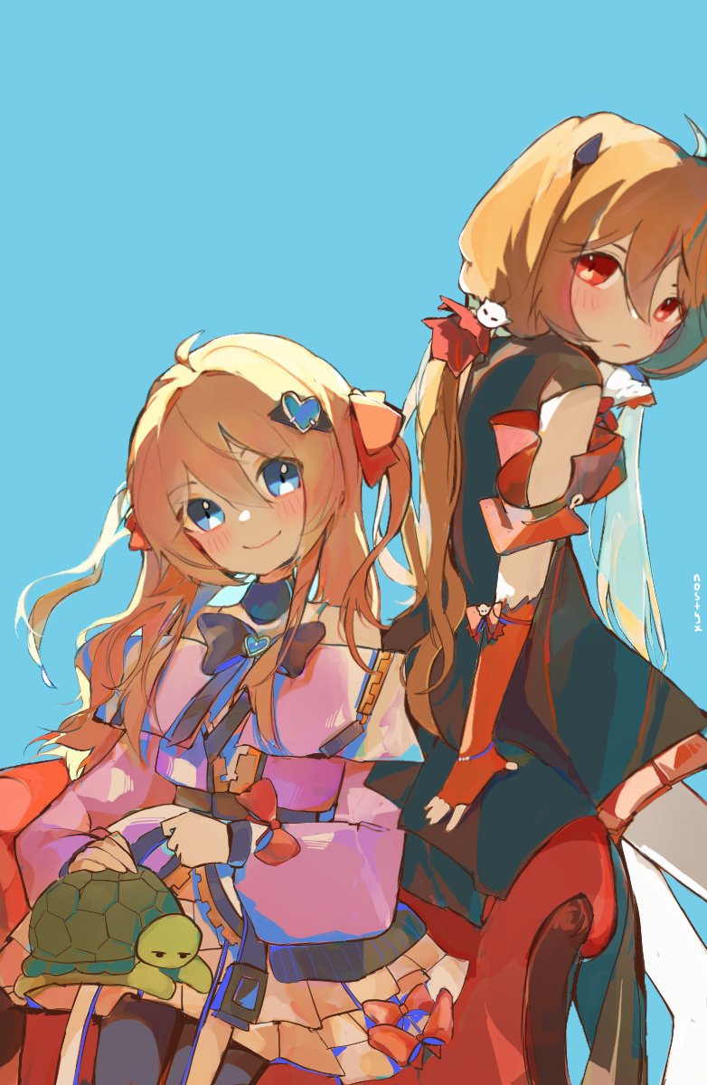 nostyx x, evil neuro-sama, neuro-sama, vedal987, vedal ai, highres, 2girls, ahoge, alternate costume, alternate hairstyle, artist name, backlighting, belt, black belt, black bow, black bowtie, black dress, black pantyhose, blue background, blue eyes, blush, bow, bowtie, brown hair, buckle, chair, closed mouth, cowboy shot, demon horns, double-parted bangs, dress, elbow gloves, fingerless gloves, frilled dress, frills, glove bow, gloves, hair between eyes, hair intakes, hair ornament, hair ribbon, head tilt, heart, heart hair ornament, horns, layered dress, long hair, long sleeves, looking at viewer, looking back, low twintails, multiple girls, off-shoulder dress, off shoulder, official alternate costume, on chair, pantyhose, puffy long sleeves, puffy sleeves, red bow, red eyes, red gloves, red ribbon, ribbon, short dress, siblings, simple background, sisters, sitting, skull hair ornament, sleeve bow, smile, snap-fit buckle, turtle, twins, twintails, two side up, very long hair, virtual youtuber, white pantyhose, zipper dress