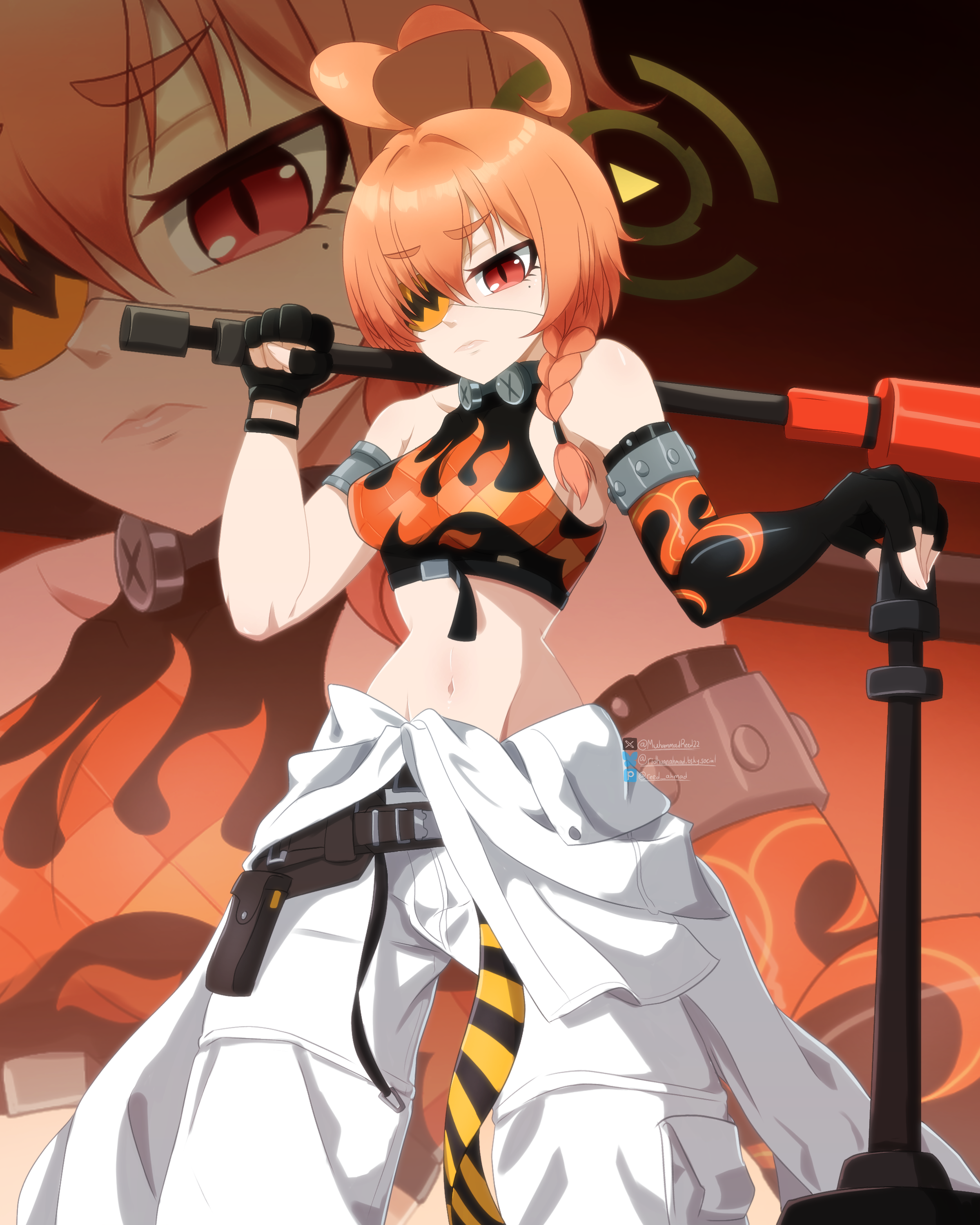 koleda belobog, neru (blue archive), blue archive, original, zenless zone zero, absurdres, highres, 1girl, ahoge, animal ears, bare shoulders, bear ears, black gloves, breasts, crop top, crossover, eyepatch, fake animal ears, fingerless gloves, gloves, hair between eyes, hair ornament, holding, long hair, looking at viewer, midriff, muhammadreed, navel, pants, red eyes, red hair, solo, sphere hair ornament, twintails