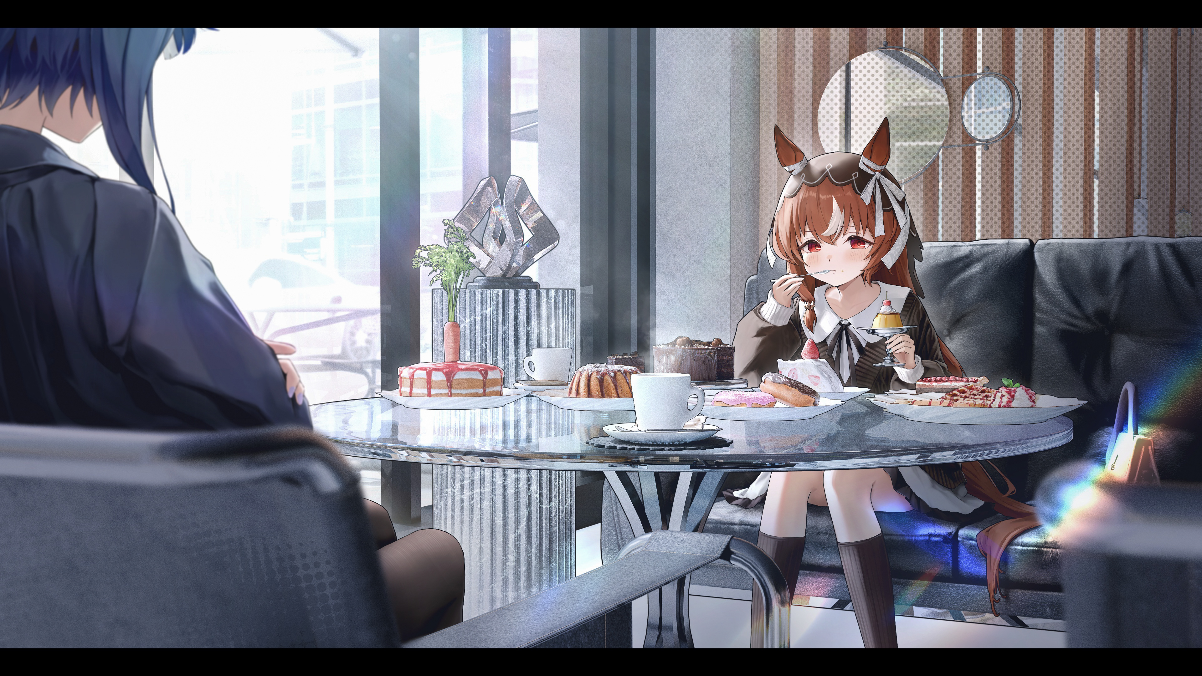amanun, admire groove (umamusume), still in love (umamusume), umamusume, absurdres, commentary request, highres, 2girls, :t, animal ears, bag, black cardigan, black ribbon, black socks, black veil, blue hair, blush, bow, brown hair, cafe, cake, cardigan, carrot, casual, cherry, collared shirt, couch, crumbs, cup, day, donut, ear ribbon, eating, food, food on face, fruit, glass table, hair between eyes, hair ornament, handbag, holding, holding spoon, horse ears, horse girl, horse tail, indoors, kneehighs, letterboxed, long hair, long sleeves, mirror, multicolored hair, multiple girls, neck ribbon, pie, plate, pudding, puffy long sleeves, puffy sleeves, red eyes, red hair, ribbon, shirt, sitting, socks, spoon, steam, strawberry, streaked hair, table, tail, veil, white hair, white ribbon, white shirt, window
