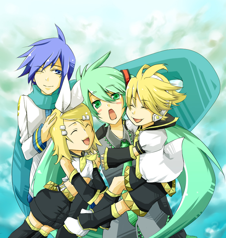 minamo (mruuto), minamo (pixiv338024), hatsune miku, kagamine len, kagamine rin, kaito (vocaloid), vocaloid, 2boys, 2girls, aqua eyes, aqua hair, blonde hair, blue eyes, blue hair, detached sleeves, hair ornament, hair ribbon, hairclip, headphones, hug, long hair, multiple boys, multiple girls, necktie, one eye closed, ribbon, scarf, short hair, shorts, smile, twintails, wink