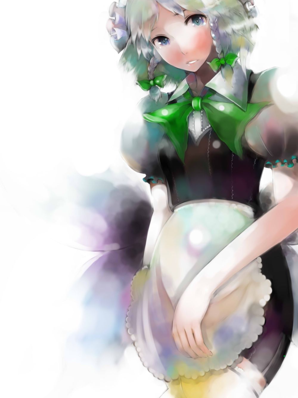 inoe, inoe (noie), izayoi sakuya, touhou, silver hair, bad id, bad pixiv id, highres, 1girl, apron, female focus, maid, maid apron, short hair, solo, white background