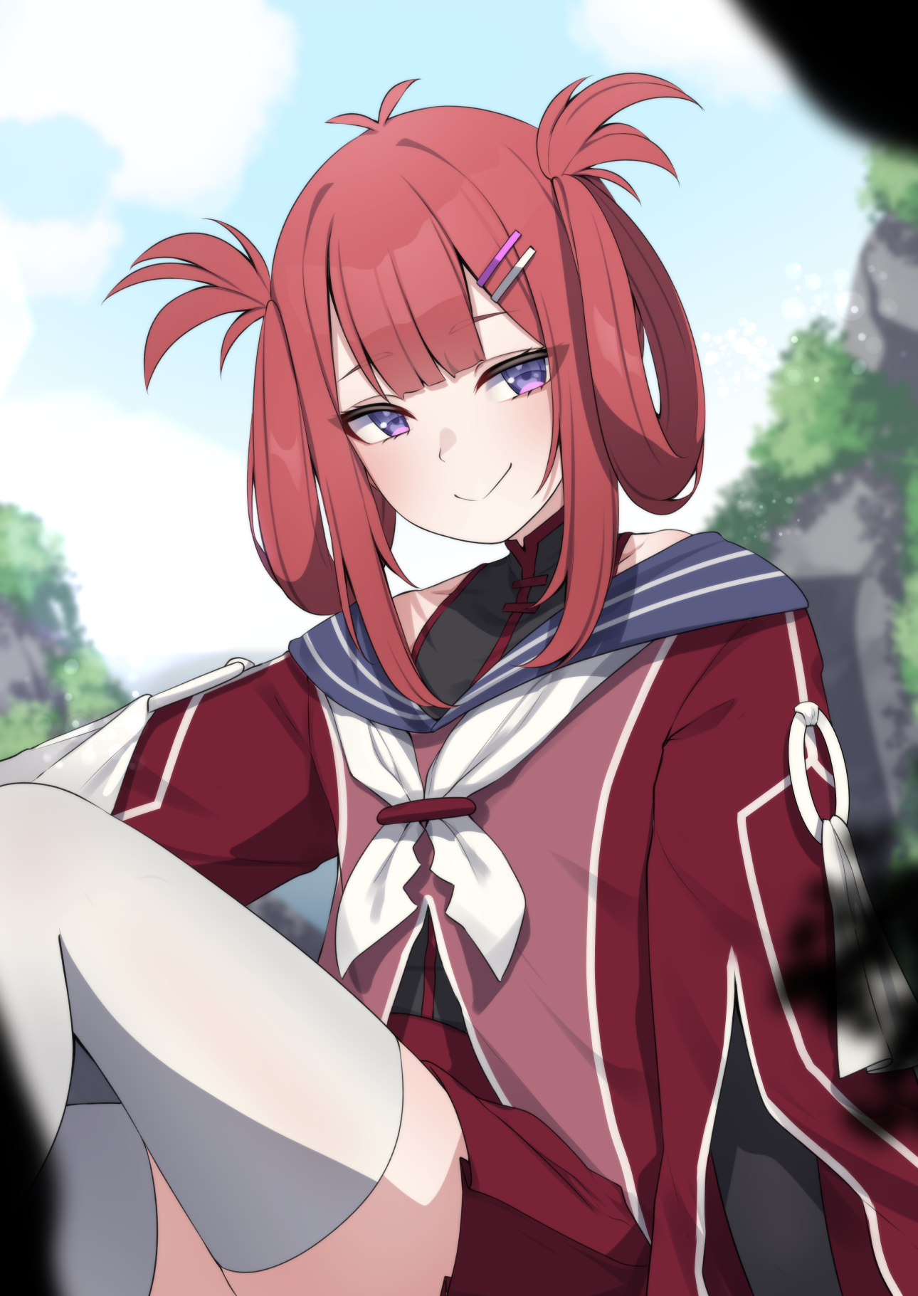 valefal coneri, kani kanizawa, atelier live, commentary, english commentary, highres, 1girl, antenna hair, black shirt, blue sailor collar, closed mouth, cloud, hair ornament, hairclip, jacket, neckerchief, pink jacket, purple eyes, red hair, sailor collar, shirt, sky, sleeveless, sleeveless shirt, smile, solo, thighhighs, virtual youtuber, white neckerchief, white thighhighs