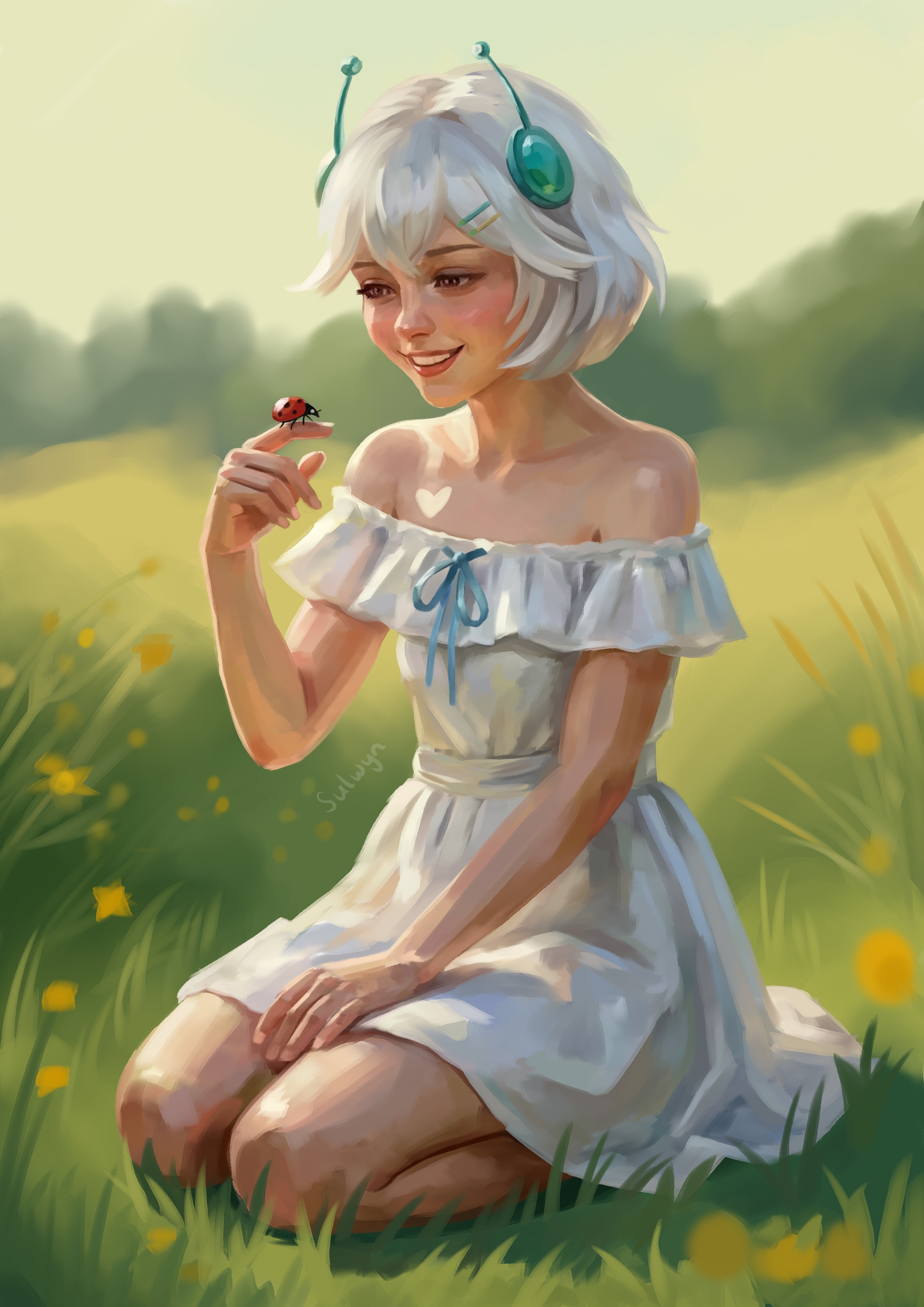 sulwyn vt, ellie minibot, indie virtual youtuber, absurdres, highres, 1girl, :d, antennae, artist name, blue ribbon, blurry, blurry background, bob cut, breasts, bug, crossed bangs, double-parted bangs, dress, flower, frilled dress, frills, full body, hair between eyes, hair ornament, hairclip, hand on lap, insect, ladybug, ladybug on finger, looking at animal, neck ribbon, off-shoulder dress, off shoulder, on grass, open mouth, outdoors, parallel hairclips, red eyes, ribbon, robot, seiza, short dress, short hair, short sleeves, sitting, sky, small breasts, smile, solo, teeth, upper teeth only, virtual youtuber, white dress, white hair, yellow flower