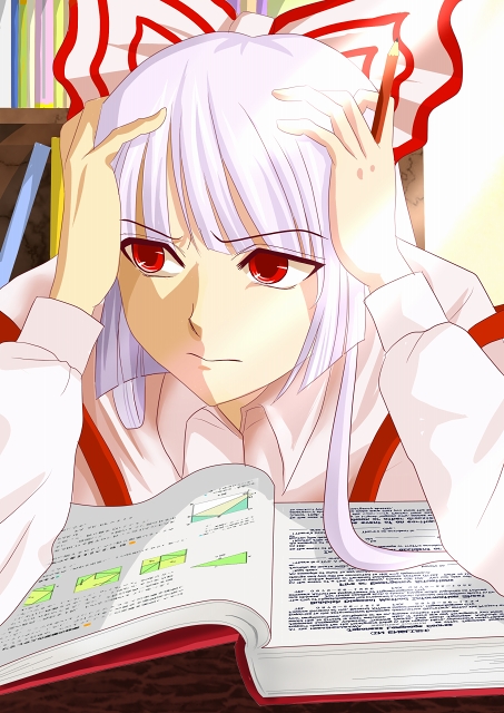 creamy mamiwo, fujiwara no mokou, touhou, light purple hair, artist request, 1girl, book, book focus, female focus, hands on own head, math, pencil, red eyes, sidelocks, solo, studying