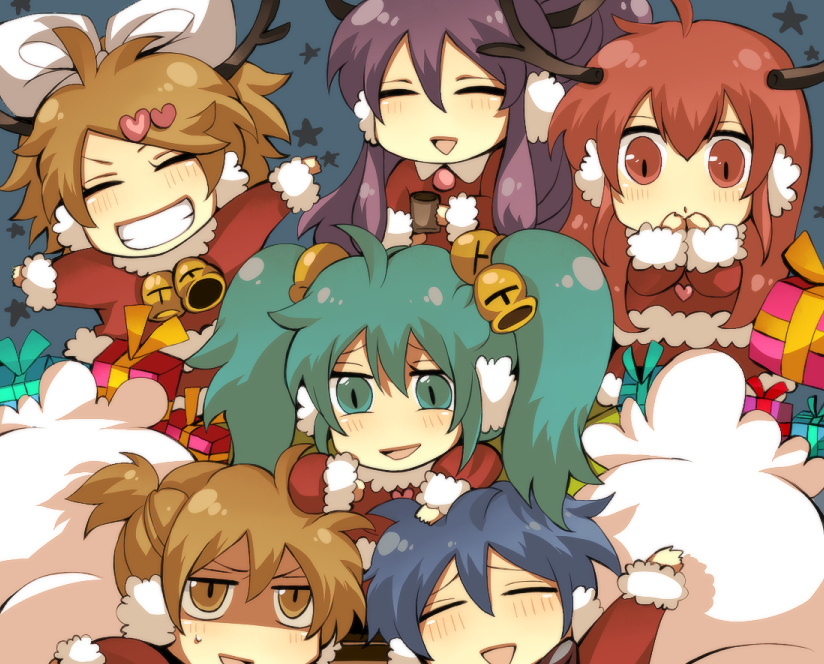pokamilk, hatsune miku, kagamine len, kagamine rin, kaito (vocaloid), kamui gakupo, megurine luka, sf-a2 miki, vocaloid, bad id, bad pixiv id, 3boys, 4girls, antlers, bell, chibi, christmas, earmuffs, gift, hair ornament, hairclip, horns, long hair, multiple boys, multiple girls, santa costume, smile, twintails