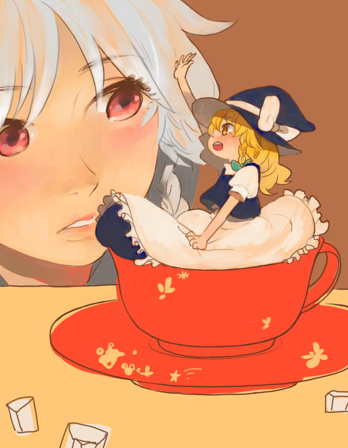 dosei, izayoi sakuya, kirisame marisa, touhou, bad id, bad pixiv id, 2girls, blush, chibi, cup, dress, female focus, happy, hat, in container, in cup, indoors, long hair, mini person, minigirl, multiple girls, open mouth, ribbon, simple background, witch, witch hat