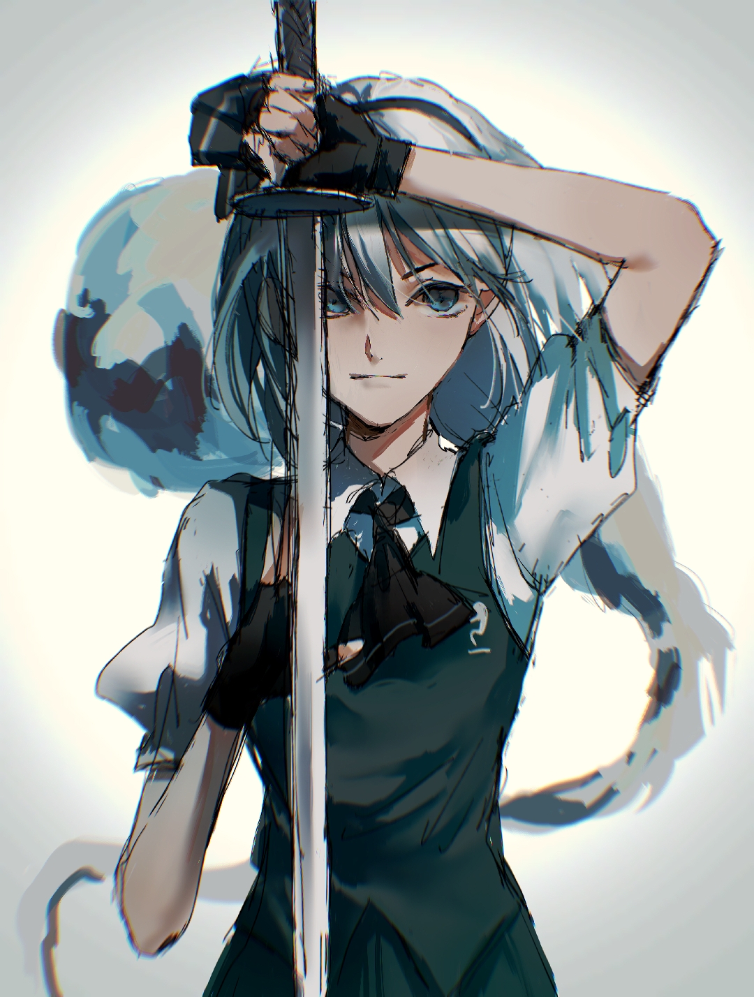 aihara-rina, konpaku youmu, konpaku youmu (ghost), touhou, chinese commentary, commentary request, highres, 1girl, apron, ascot, black ascot, black gloves, black hairband, blue eyes, collared shirt, fingerless gloves, gloves, green vest, grey hair, hairband, hitodama, hitodama print, holding, holding sword, holding weapon, katana, looking at viewer, puffy short sleeves, puffy sleeves, shirt, short sleeves, sketch, solo, sword, vest, weapon, white apron