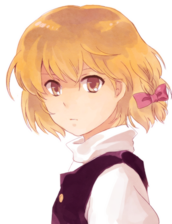 natsume (menthol), kirisame marisa, touhou, bad id, bad pixiv id, 1girl, alternate hairstyle, blonde hair, braid, buttons, female focus, hair ribbon, ribbon, short hair, simple background, solo, white background, yellow eyes