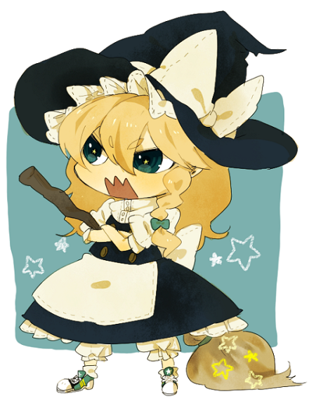 chikori, kirisame marisa, touhou, bad id, bad pixiv id, 1girl, angry, blonde hair, broom, chibi, female focus, hat, ribbon, solo, witch, witch hat