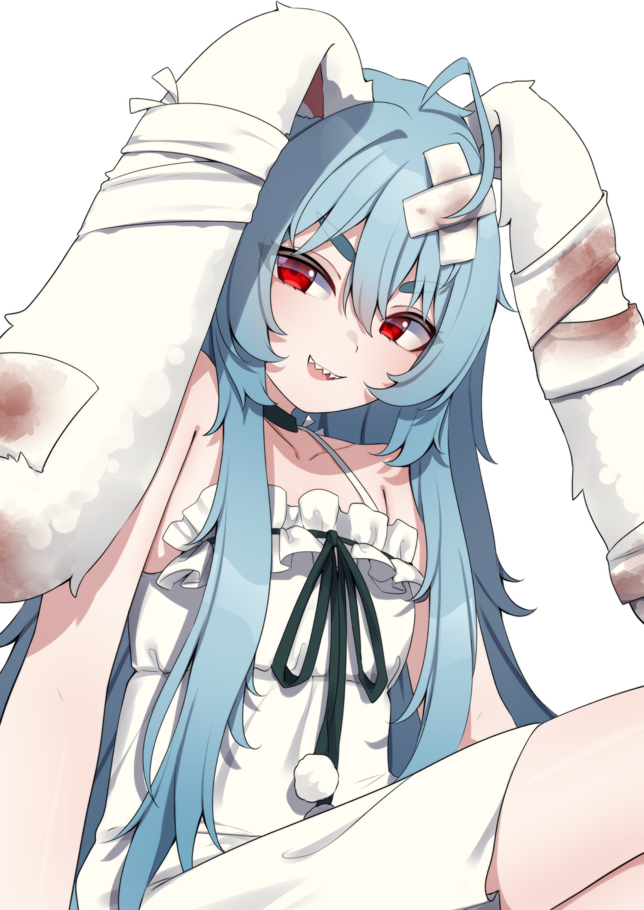 valefal coneri, para (1st costume) (vtuber), para (vtuber), indie virtual youtuber, commentary, english commentary, highres, 1girl, :d, ahoge, animal ears, black choker, black ribbon, blue hair, choker, double-parted bangs, dress, hair between eyes, long hair, lop rabbit ears, open mouth, pom pom (clothes), rabbit ears, rabbit girl, red eyes, ribbon, sharp teeth, sidelocks, sitting, smile, solo, spaghetti strap, teeth, thick eyebrows, very long hair, virtual youtuber, white background, white dress
