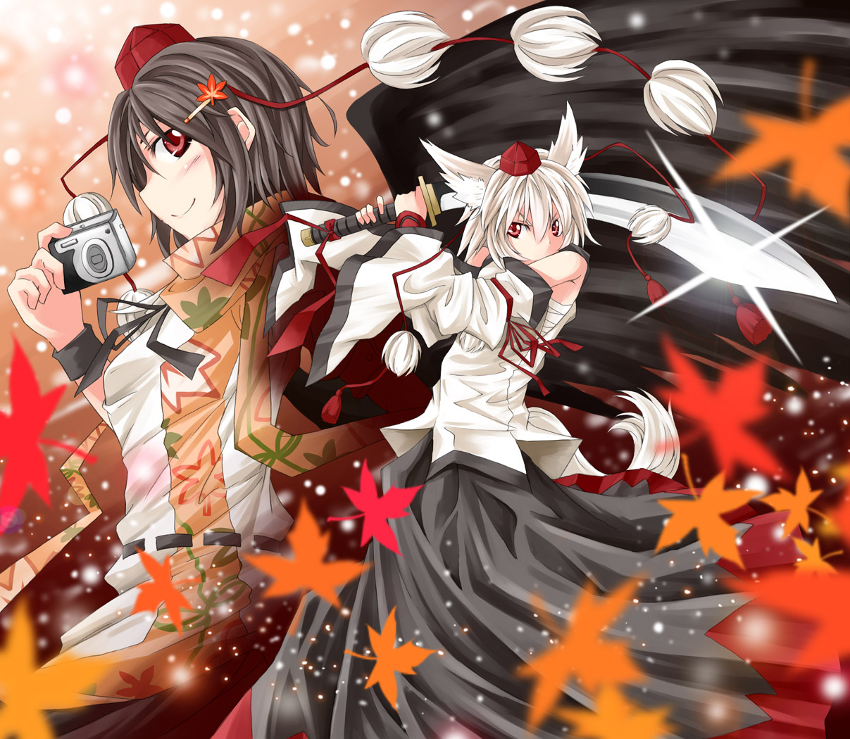 iseki mitsuharu, inubashiri momiji, shameimaru aya, touhou, silver hair, 2girls, animal ears, black hair, black wings, camera, detached sleeves, female focus, hat, multiple girls, red eyes, short hair, sword, tail, tokin hat, weapon, wings, wolf ears, wolf tail