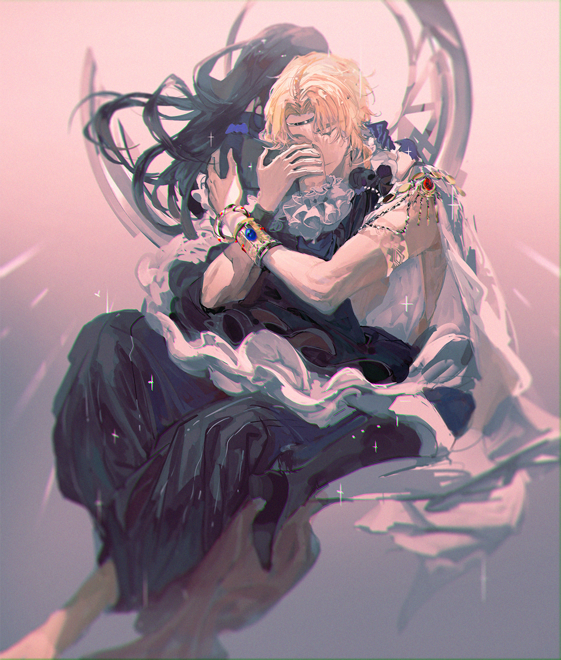 huasuo, heroine (lovebrush chronicles), lars rorschach, lars rorschach (book of tales), lovebrush chronicles, blue gem, chinese commentary, highres, 1boy, 1girl, armlet, baggy pants, bangle, bare shoulders, barefoot, black boots, black dress, black hair, black pants, blonde hair, boots, bracelet, bracer, cape, circlet, closed eyes, closed mouth, couple, crescent, curtained hair, detached sleeves, dress, facing away, feet out of frame, frilled sleeves, frills, full body, gem, gradient background, grey background, halter dress, halterneck, hetero, hug, jewelry, long hair, long sleeves, no shirt, orange background, pants, parted bangs, red gemstone, shoe soles, short hair, sitting, sitting on lap, sitting on person, sleeveless, sleeveless dress, white cape