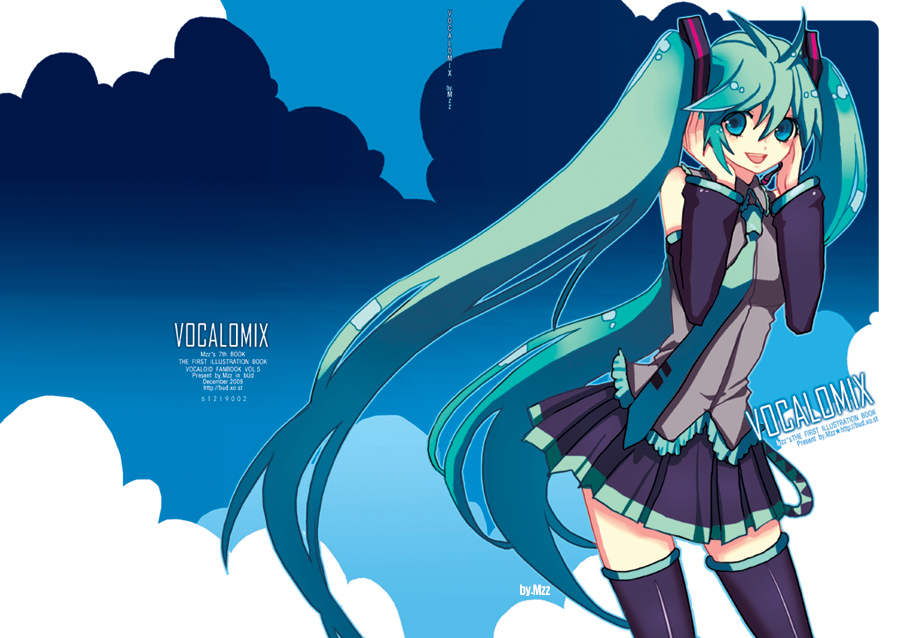 mzz, hatsune miku, vocaloid, bad id, bad pixiv id, 1girl, aqua eyes, aqua hair, cloud, detached sleeves, female focus, headset, long hair, necktie, skirt, sky, smile, solo, thighhighs, twintails, very long hair, zettai ryouiki