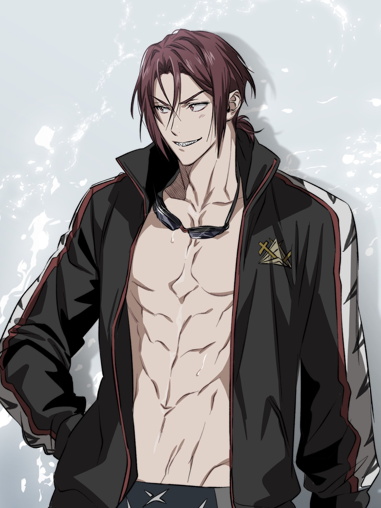 tektek070, matsuoka rin, free!, commentary request, highres, korean commentary, 1boy, arm at side, bare pectorals, black jacket, collarbone, goggles, goggles around neck, grey hair, hand in pocket, jacket, long sleeves, male focus, muscular, muscular male, open clothes, open jacket, pectorals, sharp teeth, solo, teeth