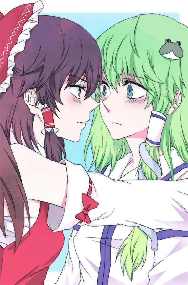 mizuki (ekakichan), negom, hakurei reimu, kochiya sanae, touhou, 2girls, blush, brown hair, female focus, green hair, hair tubes, japanese clothes, miko, multiple girls, profile, yuri