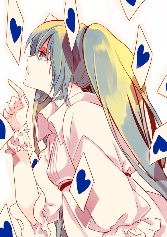 liddle, hatsune miku, vocaloid, 1girl, aqua eyes, aqua hair, card, female focus, floating card, heart, long hair, simple background, solo, twintails, white background