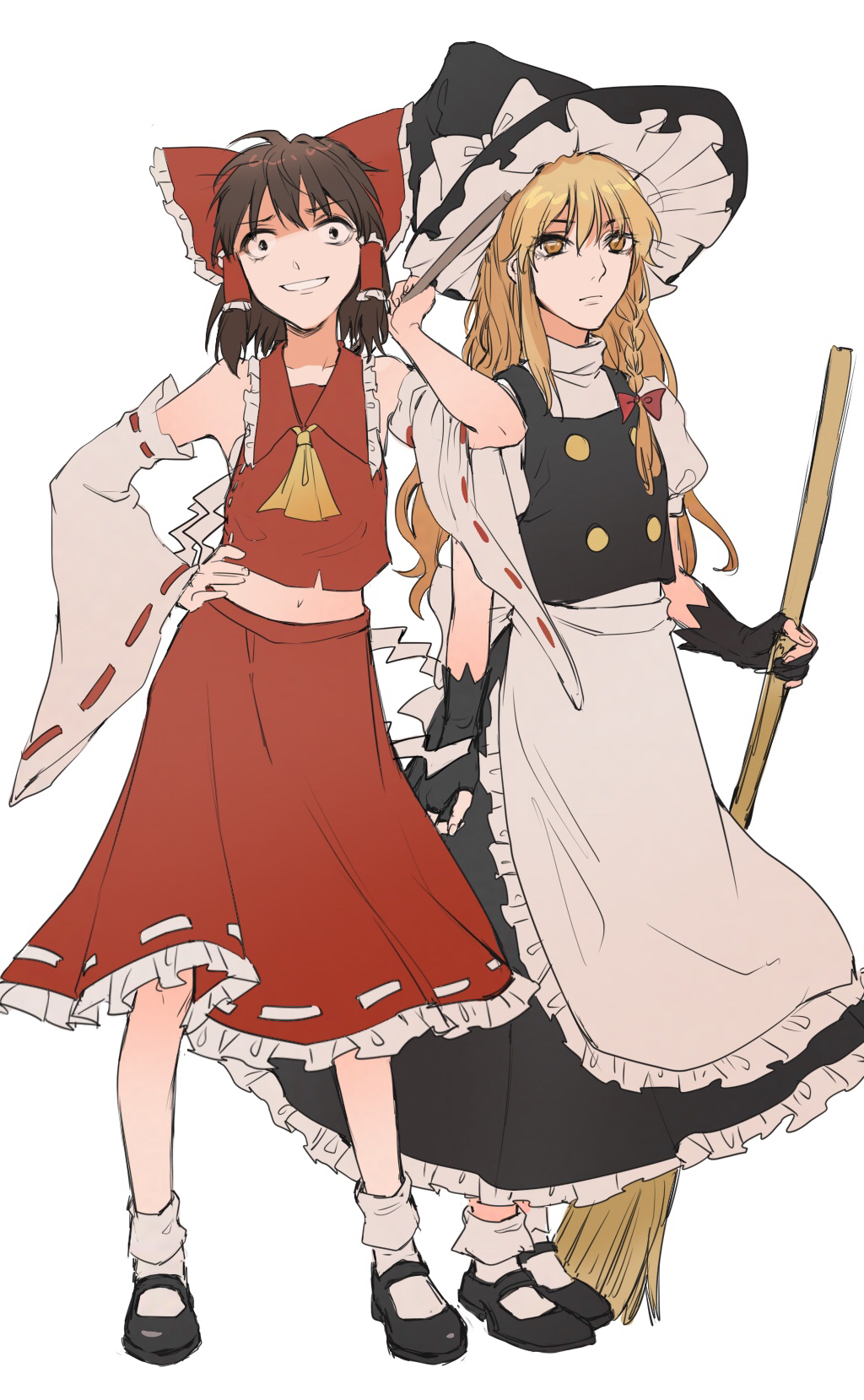 aihara-rina, hakurei reimu, kirisame marisa, touhou, chinese commentary, commentary request, highres, 2girls, apron, ascot, black gloves, black shoes, black vest, blonde hair, bow, braid, broom, brown hair, closed mouth, detached sleeves, evil smile, expressionless, fingerless gloves, frilled bow, frilled hair tubes, frilled skirt, frills, full body, gloves, hair bow, hair tubes, hand on own hip, hat, hat bow, holding, holding broom, long hair, mary janes, multiple girls, navel, red bow, red skirt, ribbon-trimmed skirt, ribbon-trimmed sleeves, ribbon trim, shoes, side braid, single braid, skirt, skirt set, smile, socks, vest, waist apron, white bow, white socks, witch hat, yellow ascot, yellow eyes