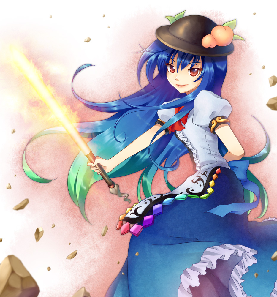 mauve, hinanawi tenshi, touhou, bad id, bad pixiv id, 1girl, blue hair, female focus, food, fruit, gradient background, hat, long hair, peach, red eyes, solo, sword, sword of hisou, weapon