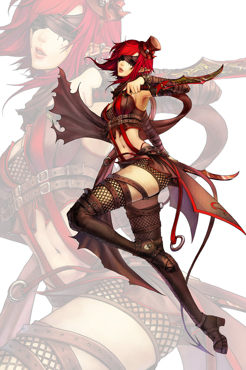 erina, noa ikeda, original, bad deviantart id, bad id, highres, 1girl, blindfold, boots, breasts, cleavage, elf, female focus, fishnet thighhighs, fishnets, hat, knife, large breasts, mini hat, mini top hat, pointy ears, red hair, reverse grip, short hair, solo, thighhighs, top hat, weapon, zoom layer