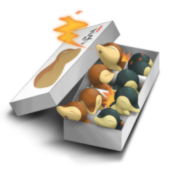ditb, cyndaquil, nintendo, pokemon, bad id, bad pixiv id, alternate color, box, fire, gen 2 pokemon, in box, in container, no humans, pokemon (creature), pun, shiny and normal, shiny pokemon