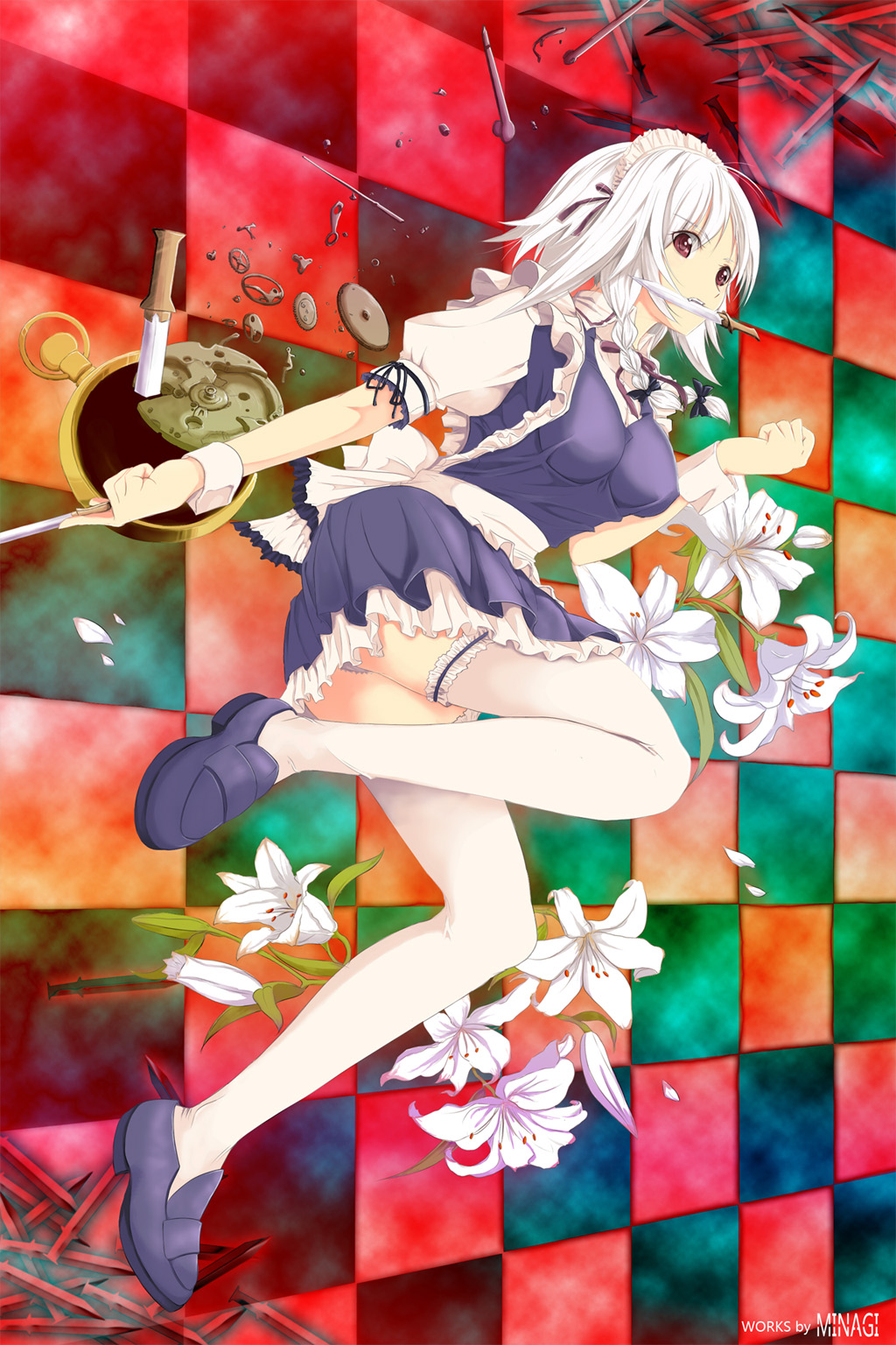 mi ti, izayoi sakuya, embodiment of scarlet devil, touhou, silver hair, highres, 1girl, braid, female focus, flower, frilled thighhighs, frills, full body, gears, hairband, knife, maid, panties, red eyes, short hair, solo, thighhighs, throwing knife, twin braids, underwear, weapon