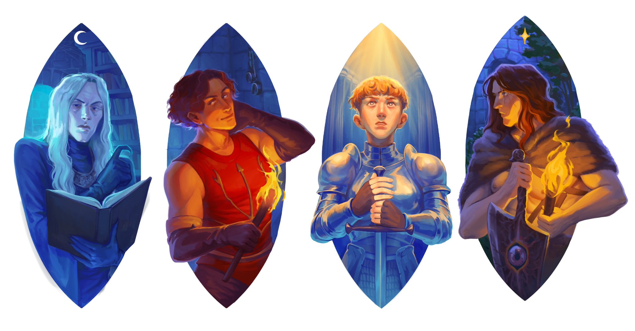 zero1qn2, cahara (fear & hunger), d'arce (fear & hunger), enki (fear & hunger), ragnvaldr (fear & hunger), fear & hunger (series), fear & hunger 1, commentary, english commentary, highres, 1girl, 3boys, armor, bare shoulders, black hair, black robe, book, brown gloves, capelet, closed mouth, crescent moon, elbow gloves, fingerless gloves, fold-over gloves, fur capelet, gloves, grey hair, holding, holding book, holding sword, holding torch, holding weapon, knight, long hair, moon, multiple boys, open book, orange hair, pauldrons, reading, red hair, reverse grip, robe, short hair, shoulder armor, sword, torch, weapon