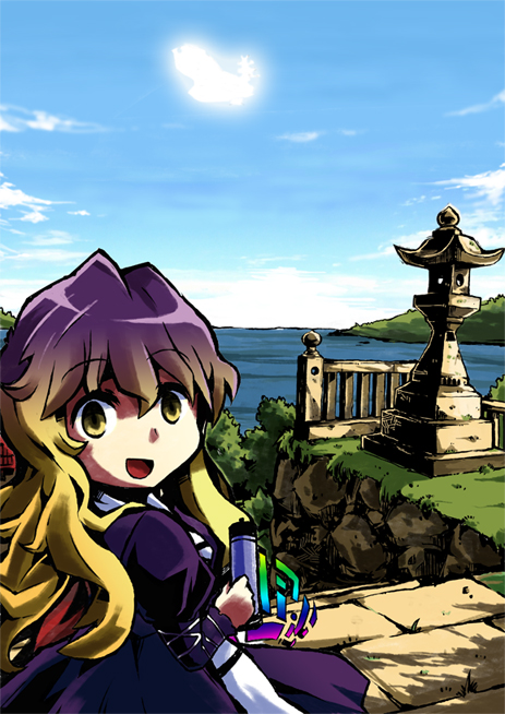 3speed, jiageya (atojian keikaku), hijiri byakuren, touhou, 1girl, aircraft, airship, cape, dress, female focus, glowing, gradient hair, long hair, looking back, multicolored hair, palanquin ship, scroll, ship, smile, solo, sorcerer's sutra scroll, stone lantern, watercraft, yellow eyes