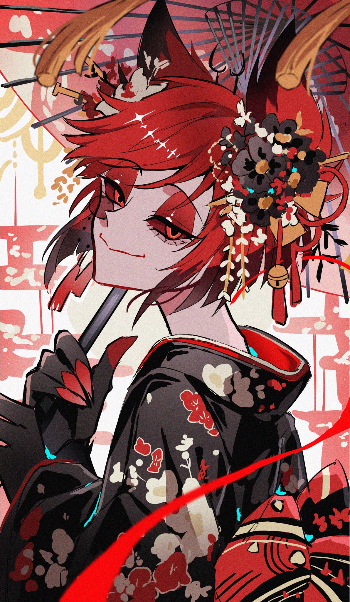 alastor (hazbin hotel), hazbin hotel, hellaverse, highres, 1boy, black kimono, black skin, colored sclera, colored skin, floral print, floral print kimono, flower, hair flower, hair ornament, holding, holding umbrella, japanese clothes, kimono, looking at viewer, male focus, monocle, oil-paper umbrella, print kimono, red eyes, red flower, red hair, sakuha2haruhi, short hair, smile, solo, umbrella