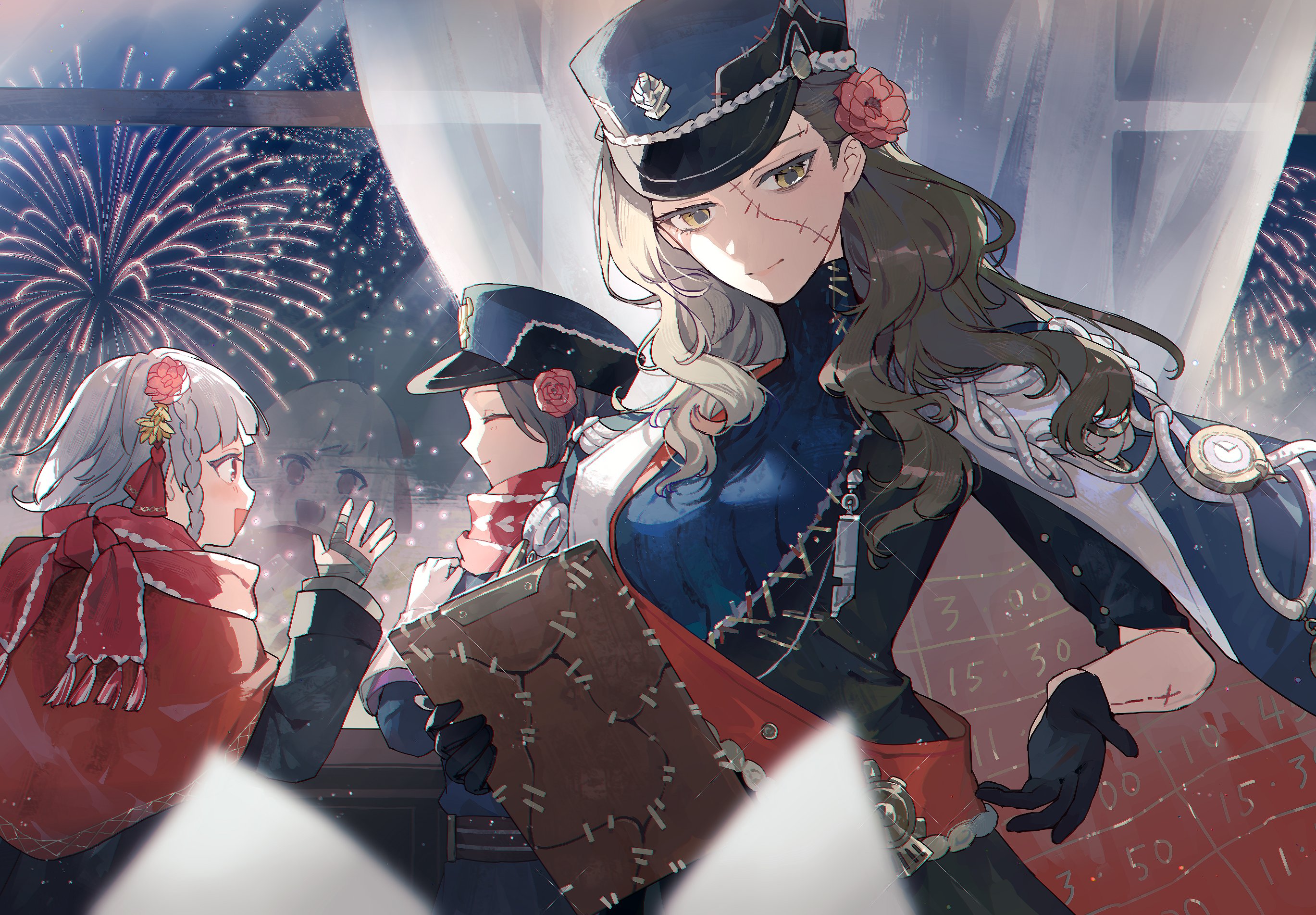 syerii, corvus (reverse:1999), rubuska, reverse:1999, highres, 3girls, :d, against glass, aima (reverse:1999), black coat, black dress, black gloves, black hat, brown hair, capelet, clipboard, closed eyes, closed mouth, coat, coat on shoulders, curtains, dress, facing another, fireworks, gloves, grey eyes, grey hair, hand on glass, hat, holding, holding clipboard, looking at viewer, looking outside, multiple girls, night, open mouth, outstretched hand, peaked cap, profile, red capelet, red eyes, red sash, red scarf, reflection, sash, scarf, shoulder sash, smile, stitched arm, stitched face, stitches, upper body, whistle, window
