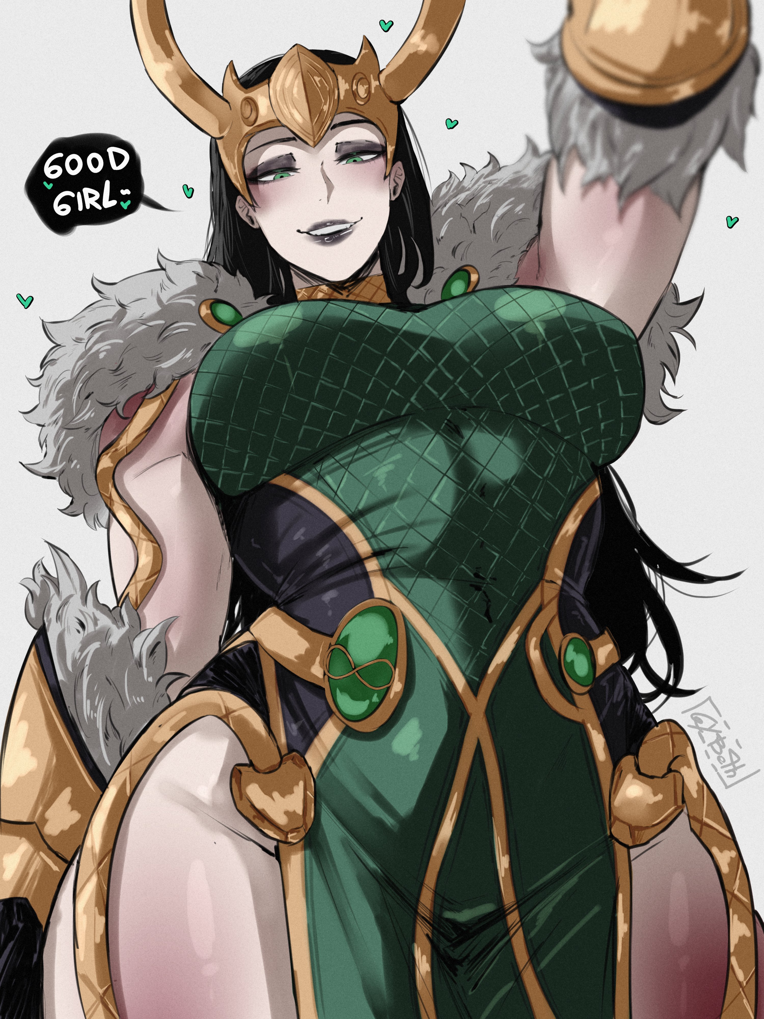 gy beth, lady loki, marvel, marvel rivals, absurdres, highres, 1girl, black eyeshadow, black hair, black lips, blush, breasts, cape, cowboy shot, eyeshadow, fake horns, fur-trimmed cape, fur-trimmed gloves, fur trim, gauntlets, gloves, gold gauntlets, green eyes, horned headwear, horned tiara, horns, large breasts, leotard, long hair, looking at viewer, makeup, outstretched arm, pelvic curtain, signature, smile, solo, teeth, thighs, tiara, white background