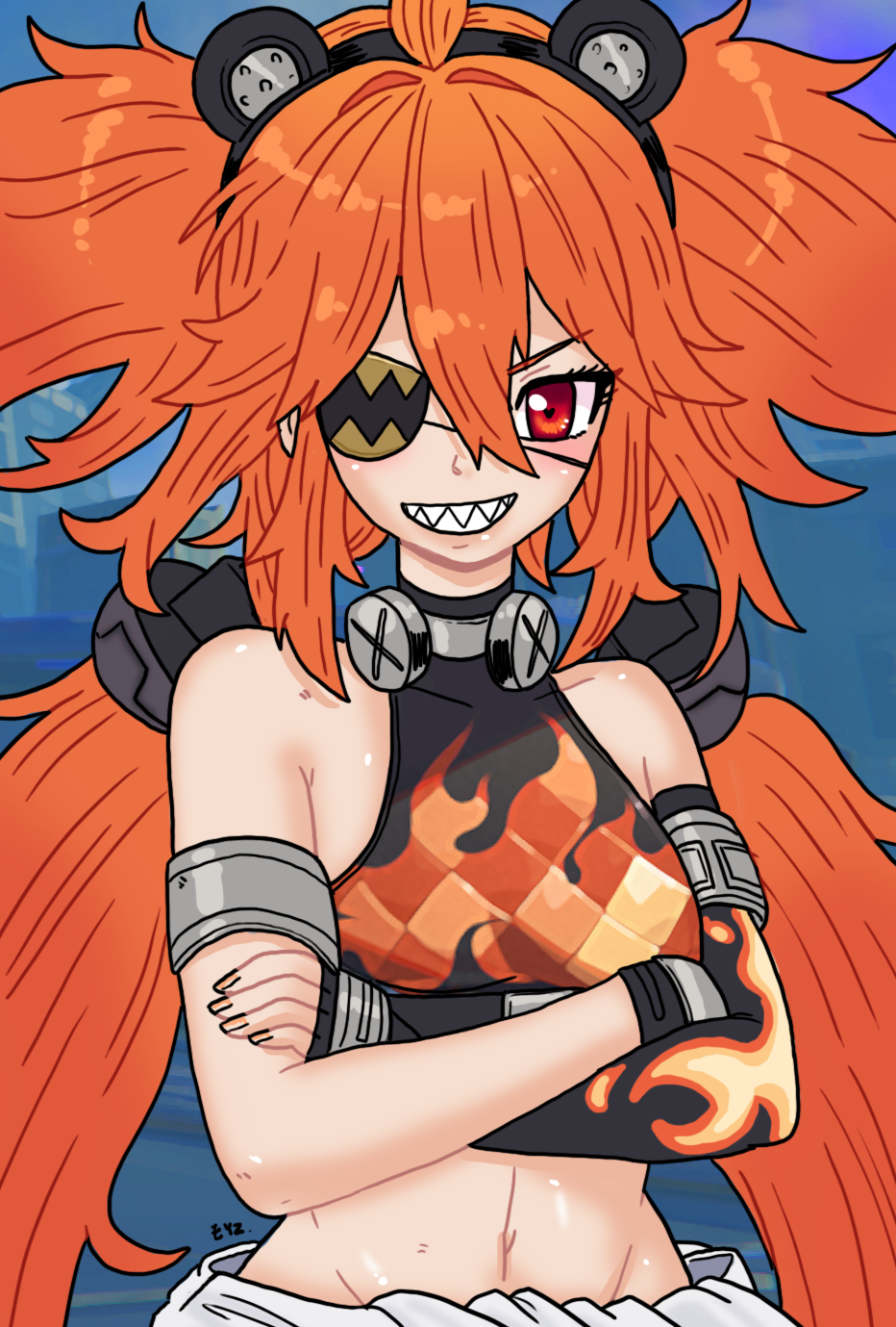 koleda belobog, original, zenless zone zero, highres, 1girl, ahoge, animal ears, bare shoulders, bear ears, black gloves, breasts, crop top, eyepatch, fake animal ears, fingerless gloves, gloves, hair between eyes, hair ornament, long hair, looking at viewer, midriff, navel, red eyes, red hair, shortstack, solo, sphere hair ornament, theeyzmaster, twintails