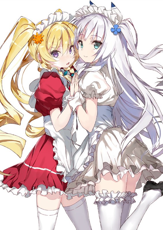 nauribon, alicia vladia sarkista, charlotte lily hughjack, buta koushaku, non-web source, official art, 2girls, apron, aqua eyes, black shoes, blonde hair, blush, braid, closed mouth, cowboy shot, dress, flower, frilled apron, frills, from side, hair between eyes, hair flower, hair ornament, hair ribbon, holding hands, lips, long hair, looking at viewer, maid, maid apron, maid headdress, multiple girls, open mouth, puffy short sleeves, puffy sleeves, purple eyes, raised inner eyebrows, red dress, ribbon, shoes, short sleeves, side braids, sidelocks, simple background, smile, standing, standing on one leg, thighhighs, twintails, two side up, very long hair, white apron, white background, white dress, white hair, white thighhighs, wrist cuffs
