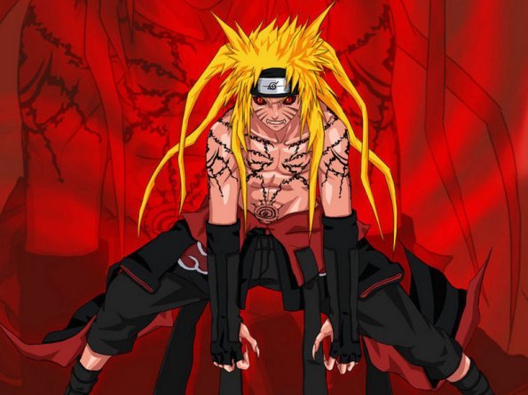 vinrylgrave, nine-tailed demon fox, uzumaki naruto, naruto (classic), naruto (series), 1boy, abs, akatsuki (naruto), alternate costume, blonde hair, claws, elbow gloves, expressive hair, facial mark, fangs, fingerless gloves, gloves, grin, headband, legs apart, long hair, male focus, pants, pectorals, red background, red eyes, short hair with long locks, simple background, smile, solo, spiked hair, squatting, tattoo, topless male, whisker markings, whiskers, zoom layer