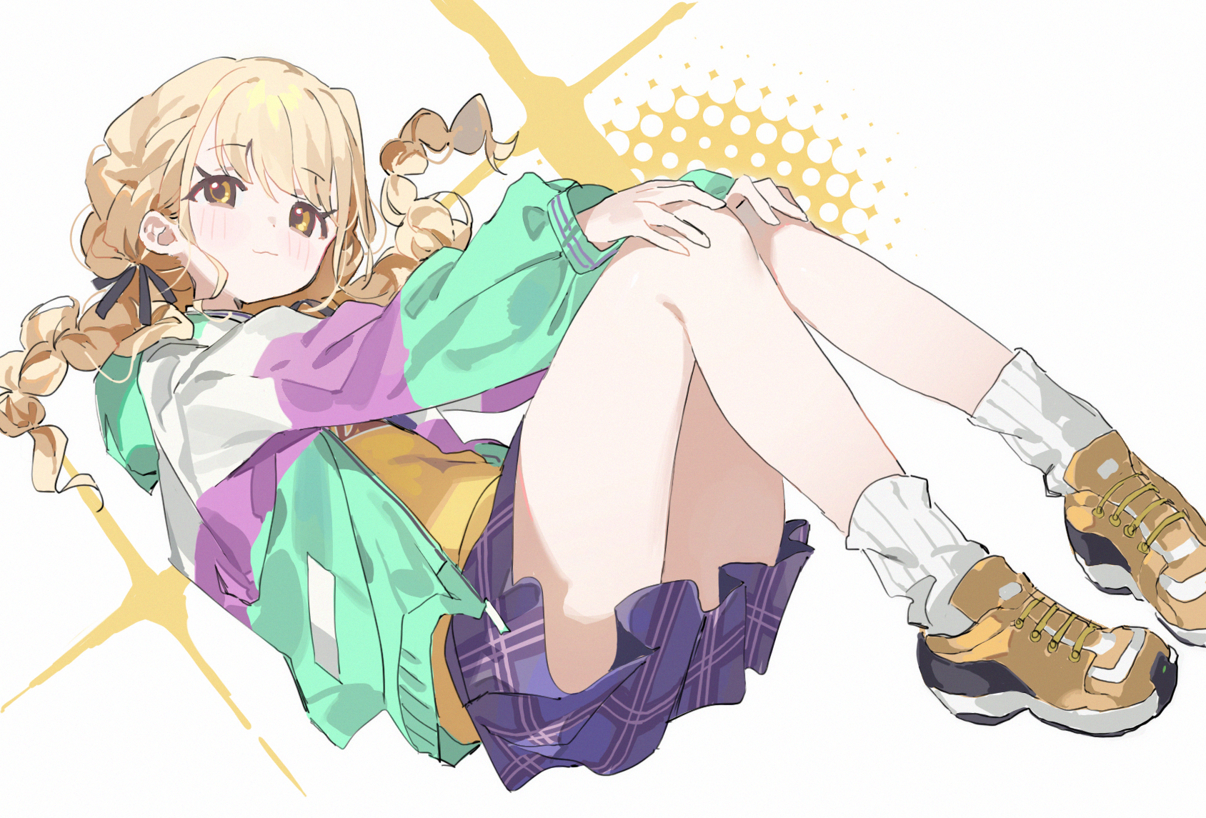 measho, fujita kotone, gakuen idolmaster, idolmaster, highres, 1girl, :3, black ribbon, blonde hair, braid, brown eyes, closed mouth, full body, green jacket, hair ribbon, jacket, knees up, long hair, long sleeves, looking at viewer, miniskirt, multicolored jacket, plaid clothes, plaid skirt, pleated skirt, puffy long sleeves, puffy sleeves, purple skirt, ribbon, shirt, shoes, simple background, skirt, sneakers, socks, solo, twin braids, v, white background, white socks, yellow shirt, yellow shoes