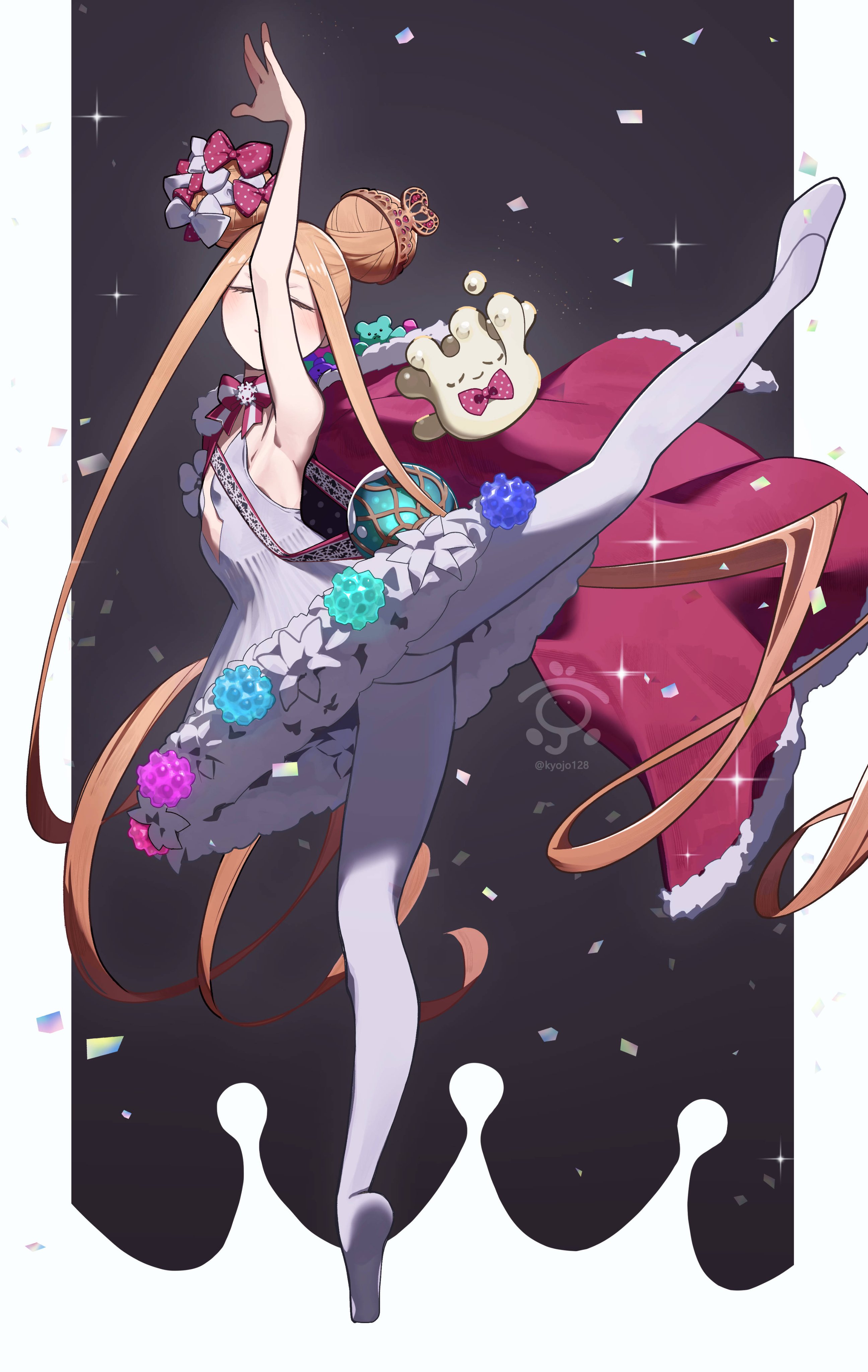 kyojo128, abigail williams (fate), abigail williams (santa) (fate), fate/grand order, fate (series), absurdres, highres, 1girl, arm up, bare shoulders, blonde hair, blush, cloak, closed eyes, dancing, double bun, dress, en pointe, flat chest, full body, fur trim, hair bun, long hair, pantyhose, red cloak, sash, solo, sparkle, stuffed animal, stuffed toy, teddy bear, very long hair, white dress, white pantyhose