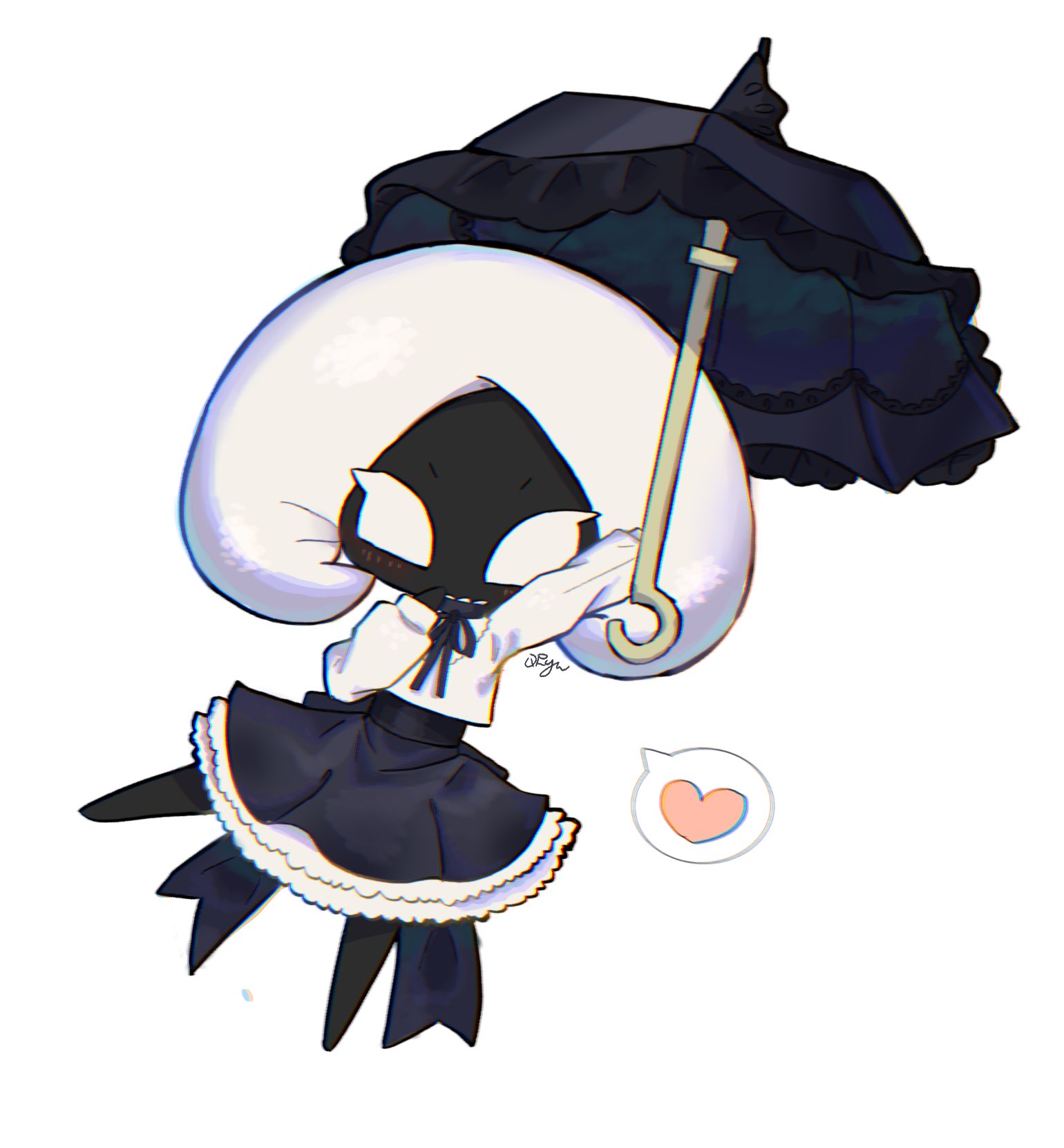 17hornet77987, lace (hollow knight), hollow knight, hollow knight: silksong, highres, 1girl, alternate costume, arm up, arthropod girl, black ribbon, black skin, black skirt, blush, colored skin, full body, hand up, heart, holding, holding umbrella, long sleeves, looking at viewer, neck ribbon, ribbon, shirt, simple background, skirt, solo, spoken heart, umbrella, white background, white eyes, white shirt