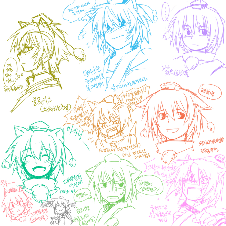 re ghotion, inubashiri momiji, touhou, translation request, 1girl, :<, angry, animal ears, blush, chibi, closed eyes, fang, female focus, happy, hat, korean text, monochrome, multiple expressions, multiple views, no nose, open mouth, profile, short hair, sketch, spot color, surprised, sweatdrop, sword, tokin hat, weapon, white background, wolf ears