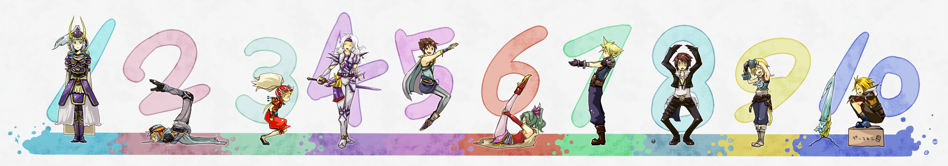 bartz klauser, cecil harvey, cloud strife, firion, onion knight, paladin (final fantasy), squall leonhart, tidus, tina branford, warrior of light (ff1), zidane tribal, dissidia final fantasy, final fantasy, final fantasy i, final fantasy ii, final fantasy iii, final fantasy iv, final fantasy ix, final fantasy v, final fantasy vi, final fantasy vii, final fantasy viii, final fantasy x, 1980s (style), absurdres, highres, long image, translation request, wide image, 00s, 1990s (style), 1girl, 6+boys, armor, box, cardboard box, everyone, in-franchise crossover, multiple boys, oldschool, paint, paladin, pantyhose, retro artstyle, sword, weapon