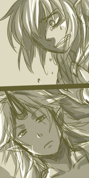 re ghotion, hoshiguma yuugi, mizuhashi parsee, touhou, 2girls, clenched teeth, female focus, hair over one eye, horns, lying, monochrome, multiple girls, pointy ears, sad, short hair, single horn, tears, teeth