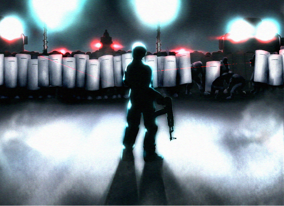 onibi (foxhound4185), original, stand, bad id, bad pixiv id, 6+boys, ak-47, assault rifle, ballistic shield, gun, kalashnikov rifle, lamp, laser, male focus, multiple boys, police, rifle, riot shield, shield, shield wall, siege, silhouette, spotlight, weapon
